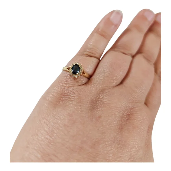Vintage 14K Gold Sapphire & Diamond Halo Ring - Size 7